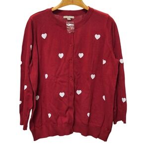 Woman Within Red Heart Print Button Up Cardigan Sweater 1X Cotton Valentines Day